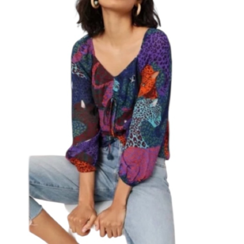 Farm Rio Jungle Cat Print Top Medium Multicolor Babydoll Peasant Semisheer
